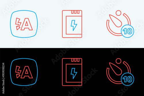 Set line Camera timer, Auto flash and Battery for camera icon. Vector