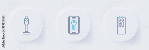 Set line Remote control, Smart key and Vacuum cleaner icon. Vector