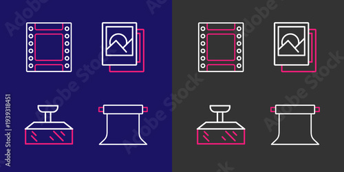 Set line Empty photo studio, Softbox light, Photo frame and Camera roll cartridge icon. Vector