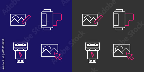 Set line Photo retouching, camera flash, Camera roll cartridge and icon. Vector
