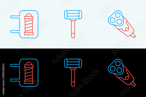 Set line Electric razor blade, Barber shop pole and Shaving icon. Vector