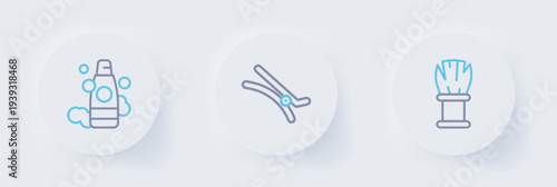 Set line Shaving brush, Hair clip and Bottle of shampoo icon. Vector