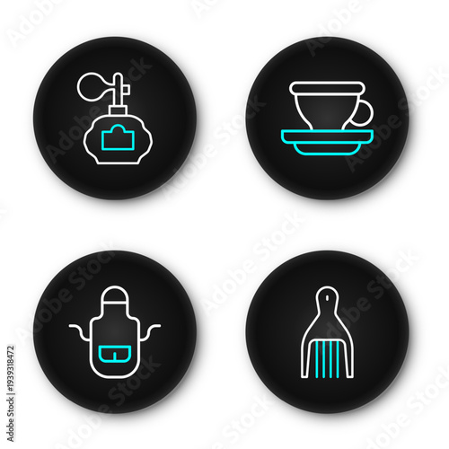 Set line Barrette, Barber apron, Coffee cup and Aftershave icon. Vector