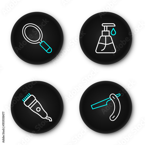Set line Straight razor, Electrical hair clipper, Cream cosmetic tube and Hand mirror icon. Vector
