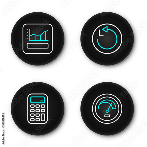 Set line Speedometer, Calculator, Radius and Graph, schedule, chart, diagram icon. Vector