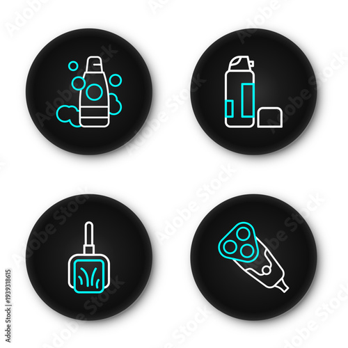 Set line Electric razor blade, Dustpan, Shaving gel foam and Bottle of shampoo icon. Vector