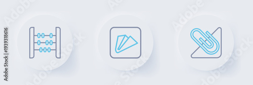 Set line Paper clip, airplane and Abacus icon. Vector