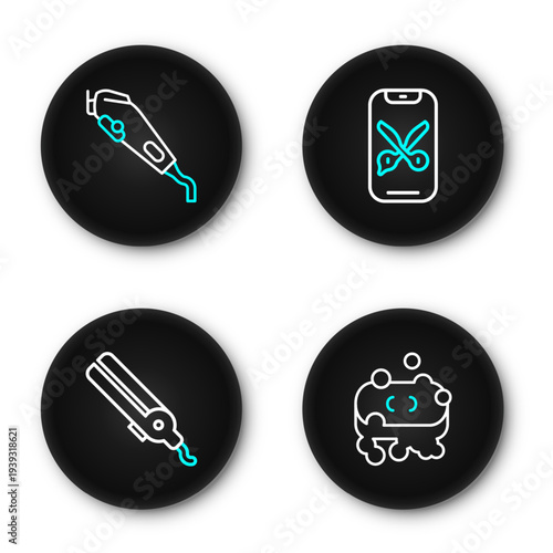 Set line Bar of soap with foam, Curling iron, Barber online service or platform and Electrical hair clipper icon. Vector