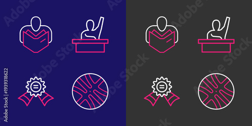 Set line Basketball ball, Medal, Male kid raising hand and Man reading book icon. Vector