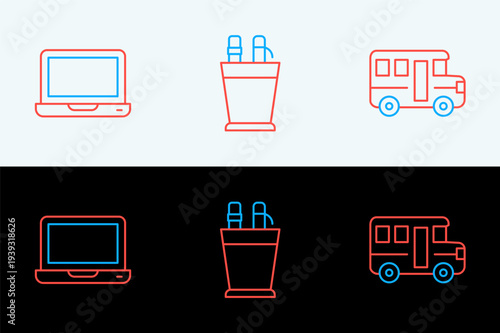 Set line School Bus, Laptop and Pencil case stationery icon. Vector