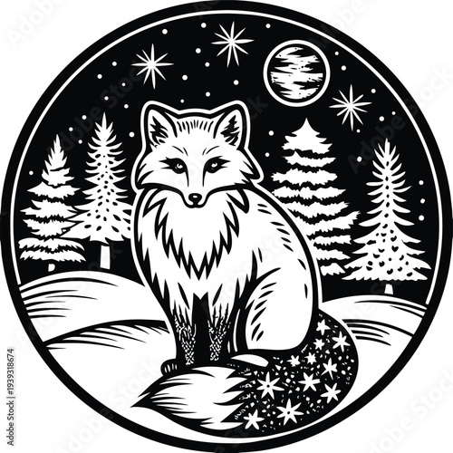Vector illustration of a fox in a winter landscape with stars and moon