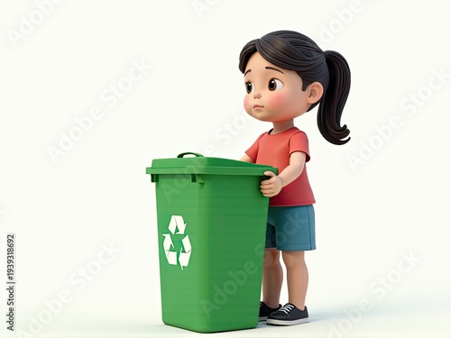 A young child stands beside a bright green trash can, a simple everyday scene