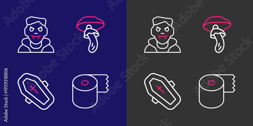 Set line Toilet paper roll, Coffin with cross, Psilocybin mushroom and Vampire icon. Vector