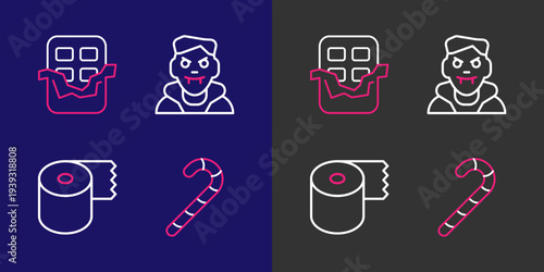 Set line Christmas candy cane, Toilet paper roll, Vampire and Chocolate bar icon. Vector