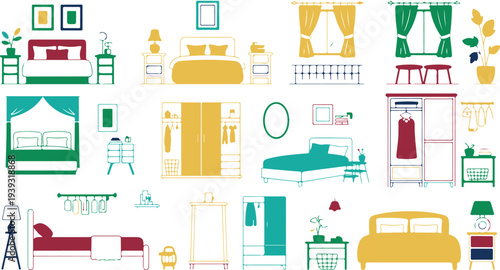 Collection of colorful bedroom furniture and decor illustrations