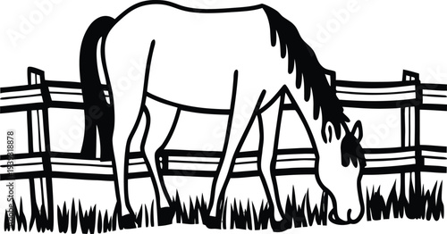 Vector illustration of a horse grazing in front of a fence