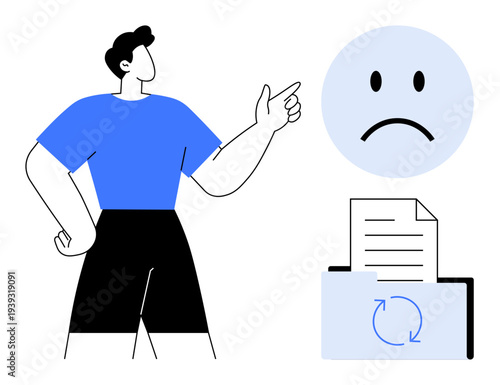 System error. Illustration depicts a person pointing at an error symbol while a document shows a refresh icon. System error highlights technological challenges. Great for IT support, troubleshooting