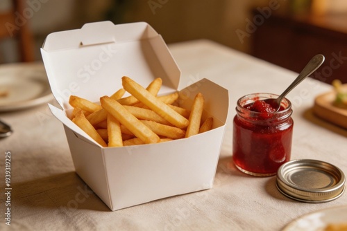 Basket of crispy golden French fries with Ketchup, Crispy Golden French Fries in a Rustic Metal Basket with Tomato Ketchup, A white plastic bowl of French fries.


