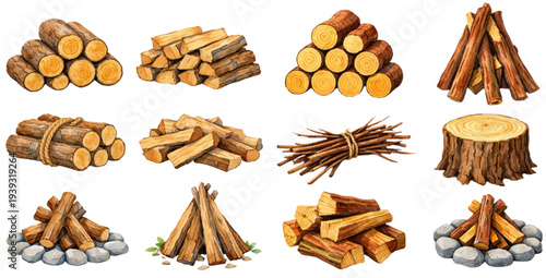 A charming watercolor collection of stacked firewood logs and campfire wood bundles for rustic outdoor illustrations and camping design.