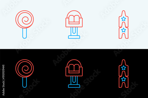 Set line Boat swing, Lollipop and Attraction carousel icon. Vector