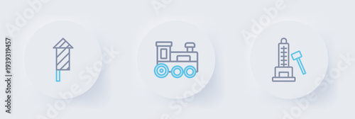 Set line Striker attraction with hammer, Toy train and Firework rocket icon. Vector