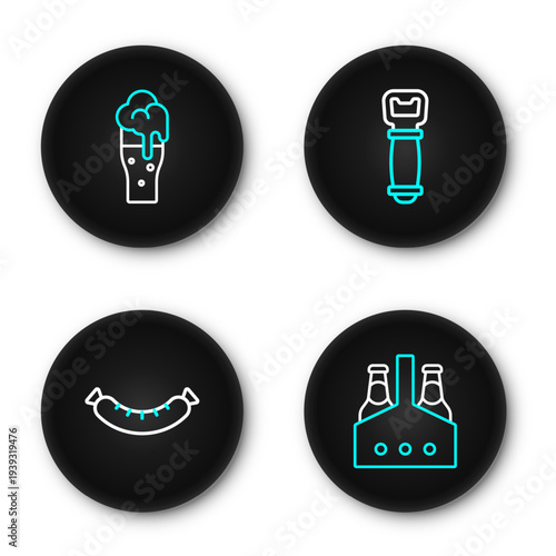 Set line Pack of beer bottles, Sausage, Bottle opener and Glass icon. Vector