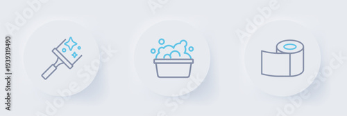 Set line Toilet paper roll, Basin with soap suds and Rubber cleaner for windows icon. Vector