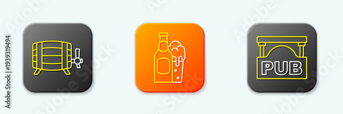 Set line Wooden barrel, Beer bottle and glass and Street signboard with Pub icon. Vector