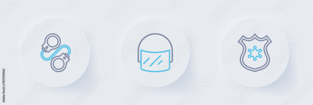 Obraz premium Set line Police badge, helmet and Handcuffs icon. Vector