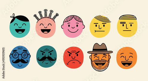 Various cartoon faces with different emotions and accessories are displayed
