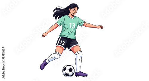 A female soccer player kicks the ball with her right foot during a game.