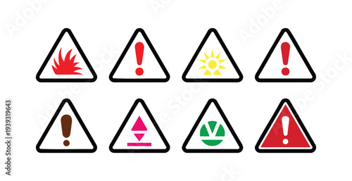 Set of 8 Vector Warning Sign Icons with Exclamation Marks, Fire, Sun, and Download Symbols for Safety and Caution Alerts