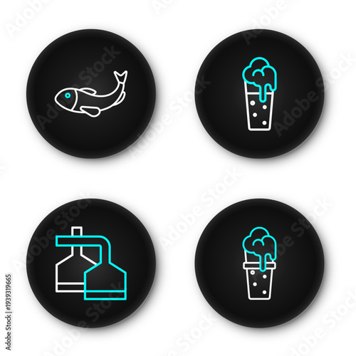 Set line Glass of beer, Beer brewing process, and Dried fish icon. Vector
