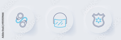 Set line Police badge, helmet and Handcuffs icon. Vector