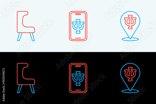 Set line Psychology, Psi, Armchair and Psychologist online icon. Vector