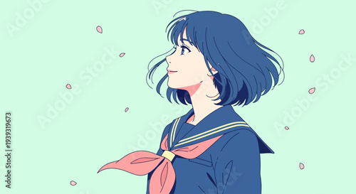 A young girl in a blue sailor outfit smiles while looking up surrounded by cherry blossoms in spring