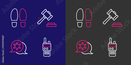 Set line Walkie talkie, Hexagram sheriff, Judge gavel and Footsteps icon. Vector