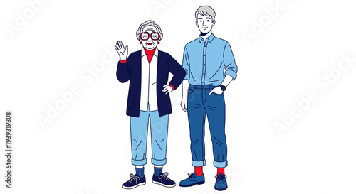 Two men standing next to each other in casual uiolkjh clothing styles.