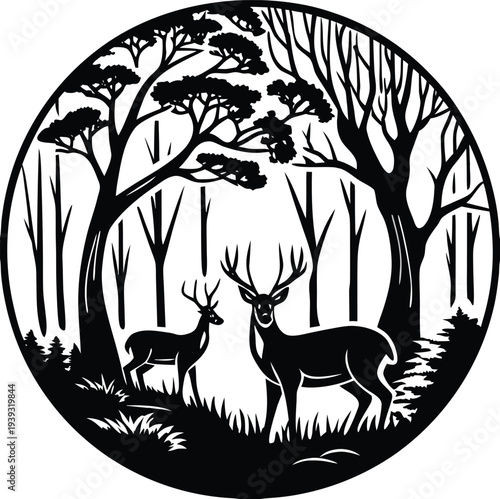 Vector illustration of two deer in forest landscape