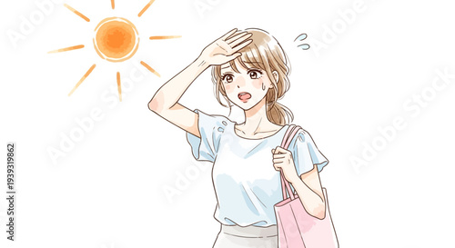 Woman shields her eyes from the sun with her hand on a hot day while holding a bag.