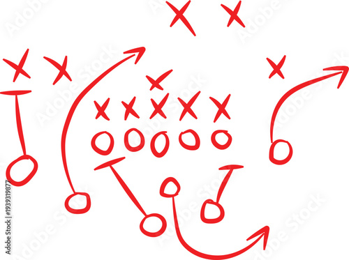 Red hand drawn American football play diagram illustrating offensive formations and strategic movement arrows on a white background.