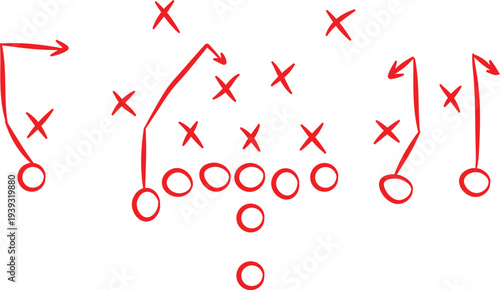 Intricate hand-drawn red football play diagram with X's and O's outlines strategic offensive and defensive movements, perfect for sports planning.