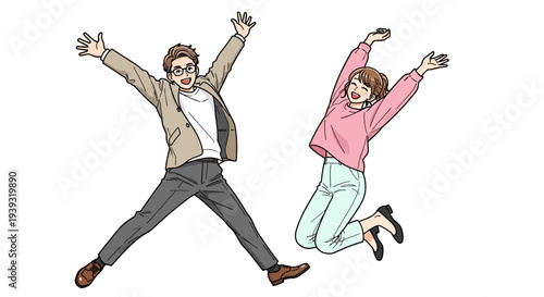 Two joyful people jumping in air with arms raised in celebration outdoors