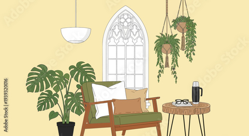 A serene indoor scene with a green chair, plants, and a table near a stained glass window.