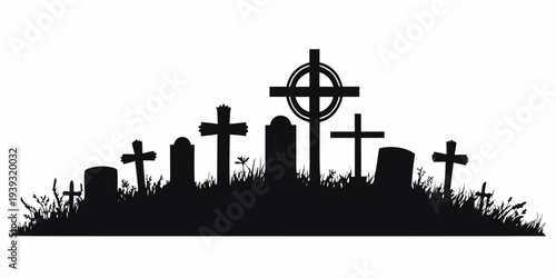 Silhouette of a graveyard with crosses and tombstones against a white background