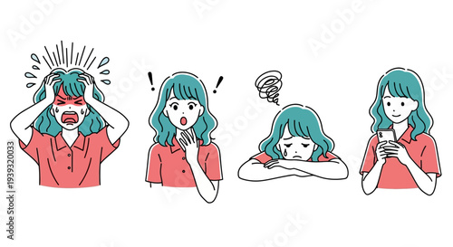 A frustrated woman experiences various emotions while using her phone in different stressful situations.