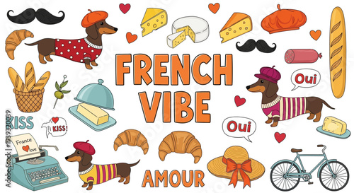 A French-themed graphic illustration of a dachshund surrounded by croissants and mustaches