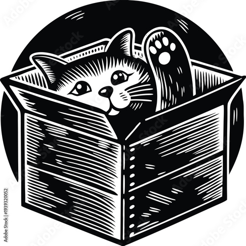 Vector illustration of cat peeking out of cardboard box