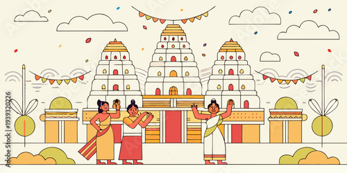 A colorful illustration depicts a traditional indian temple and dancers