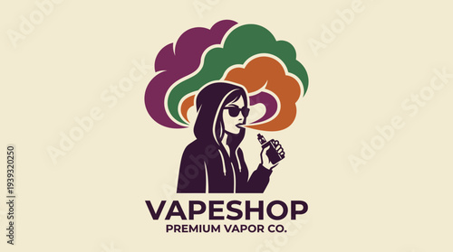 A vibrant logo design featuring a person with sunglasses using a vape, surrounded by colorful vapor clouds, appealing to the modern vaping culture and lifestyle.
